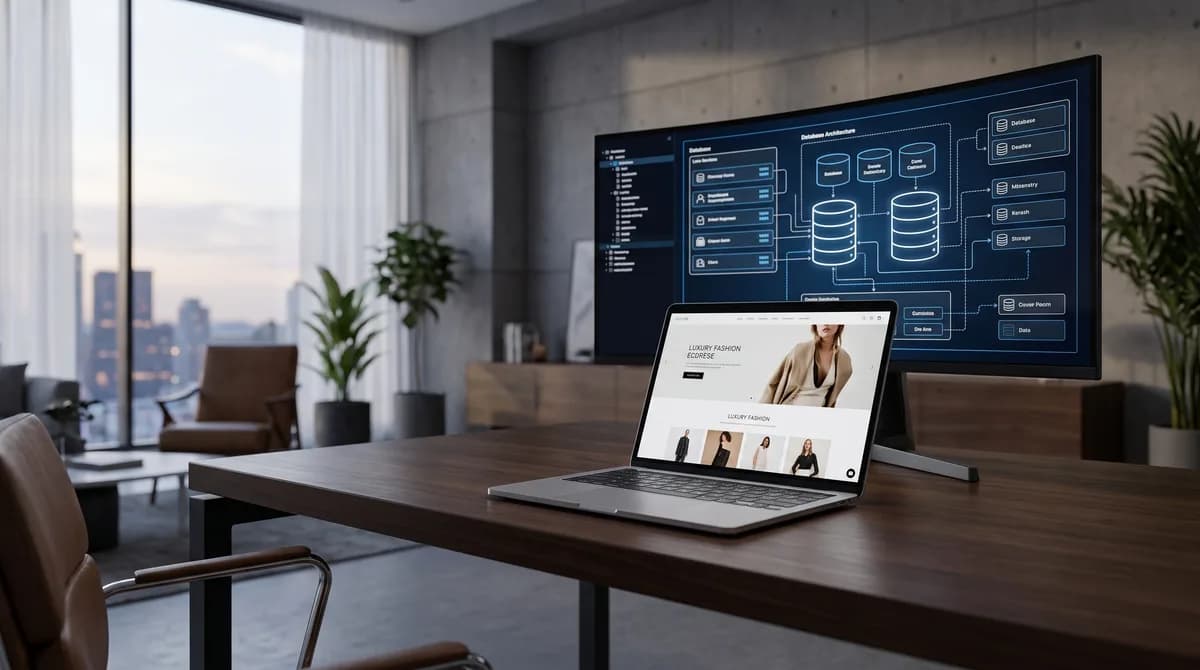 Um notebook exibe um código de programação em JavaScript, com o logo do Next.js visível, enquanto um tablet ao lado mostra um e-commerce de dermocosméticos de a
