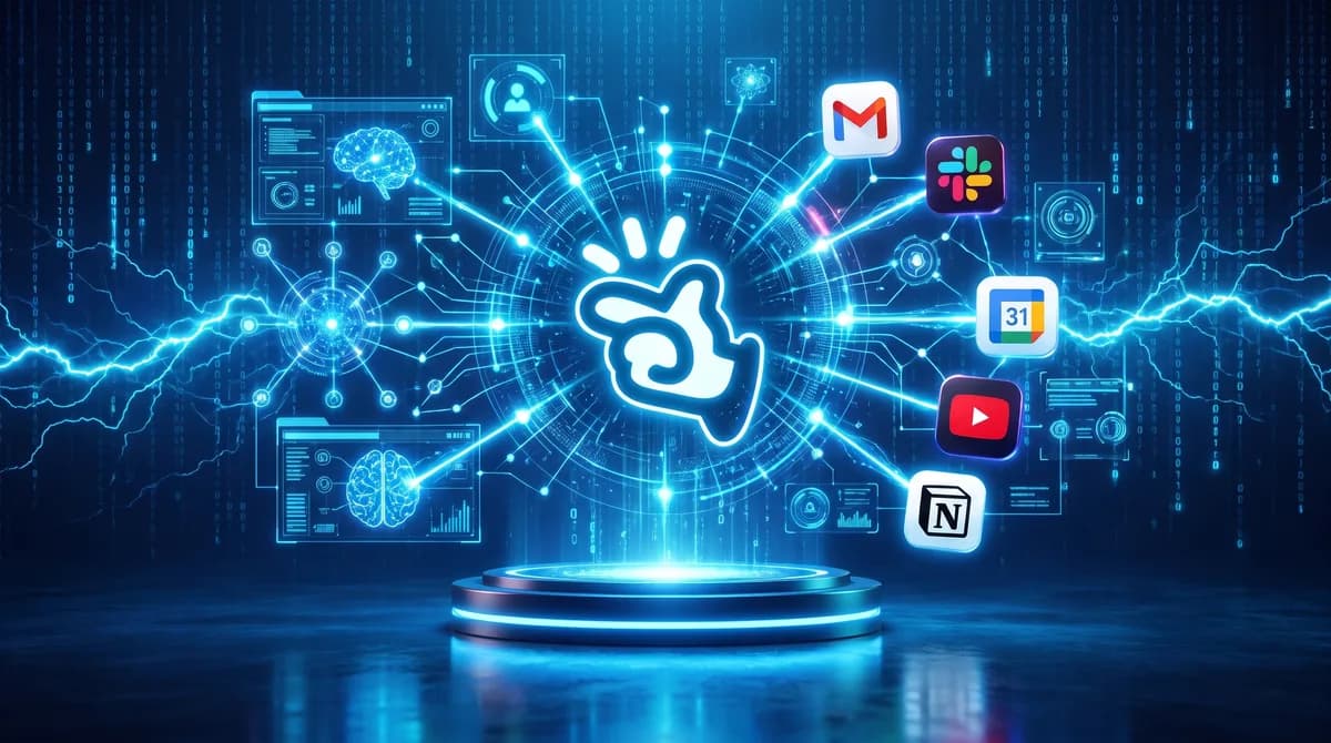 Mãos humanas e robóticas se entrelaçam sobre um teclado de computador, simbolizando a colaboração entre IA e humanos no Manus 2.0.