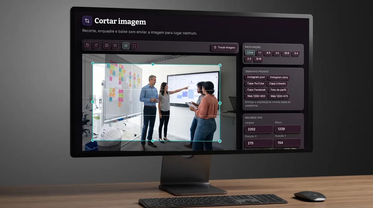 Cortar Imagem Online Grátis: Recorte no Tamanho Exato de Cada Rede, Sem Enviar Nada para Servidor