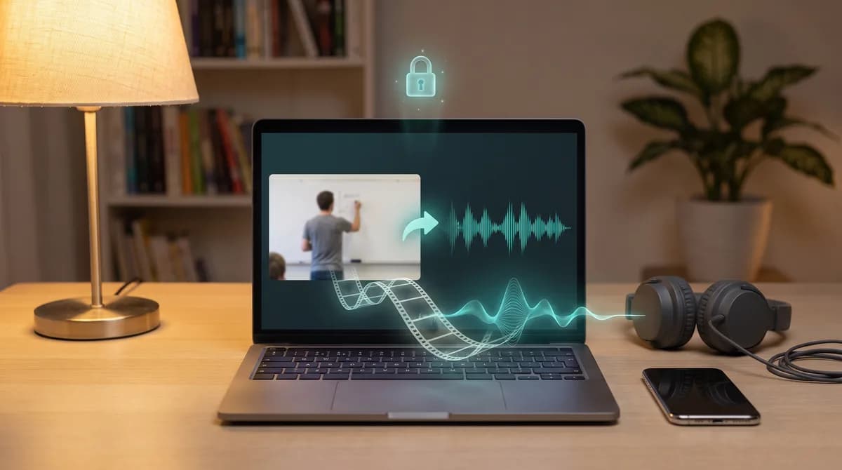 Interface de ferramenta online para converter vídeo em MP3, exibida em tela de computador e celular, simbolizando conversão gratuita e segura.