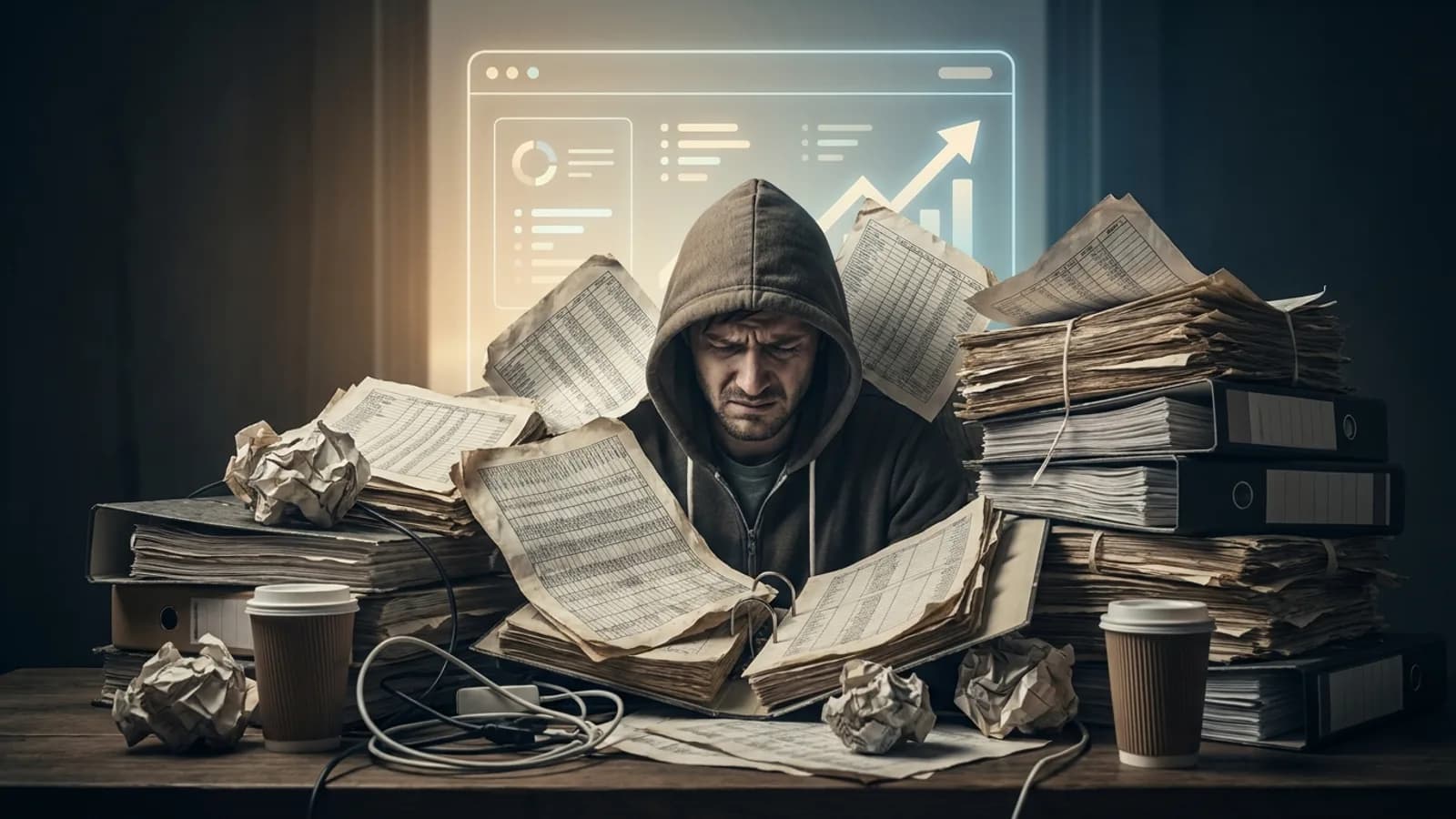 Um homem sorrindo e relaxado, olhando para a tela de um tablet ou laptop com gráficos financeiros claros e positivos, em um ambiente organizado e iluminado.