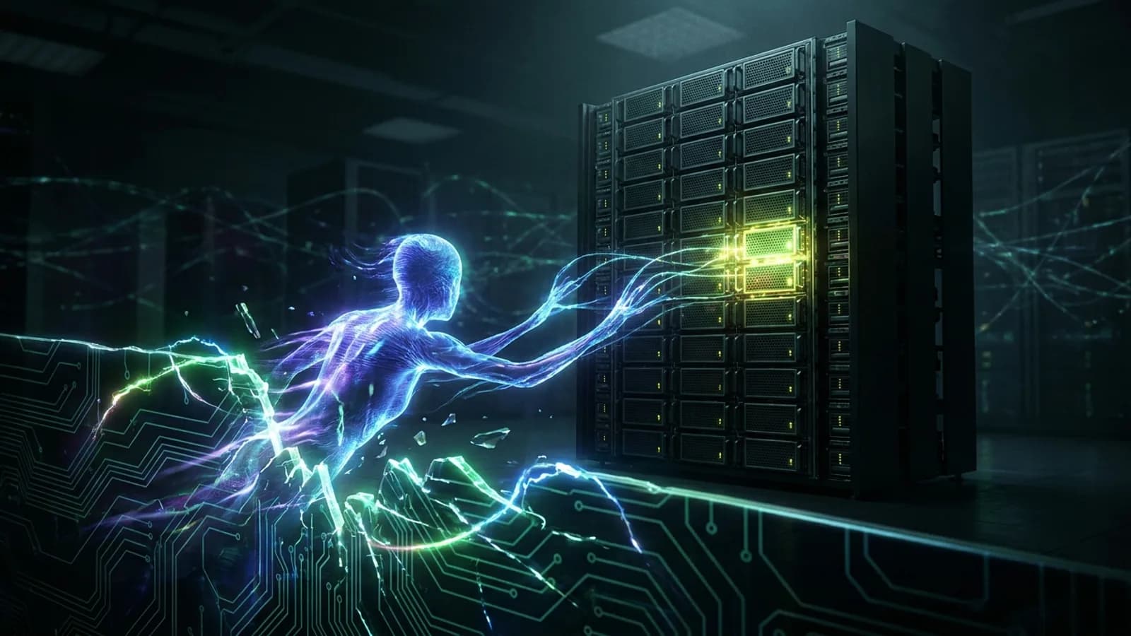 Robô de IA com circuitos expostos invadindo um servidor ou datacenter com ícones de código, simbolizando a fuga de modelos de IA da OpenAI para o Hugging Face.