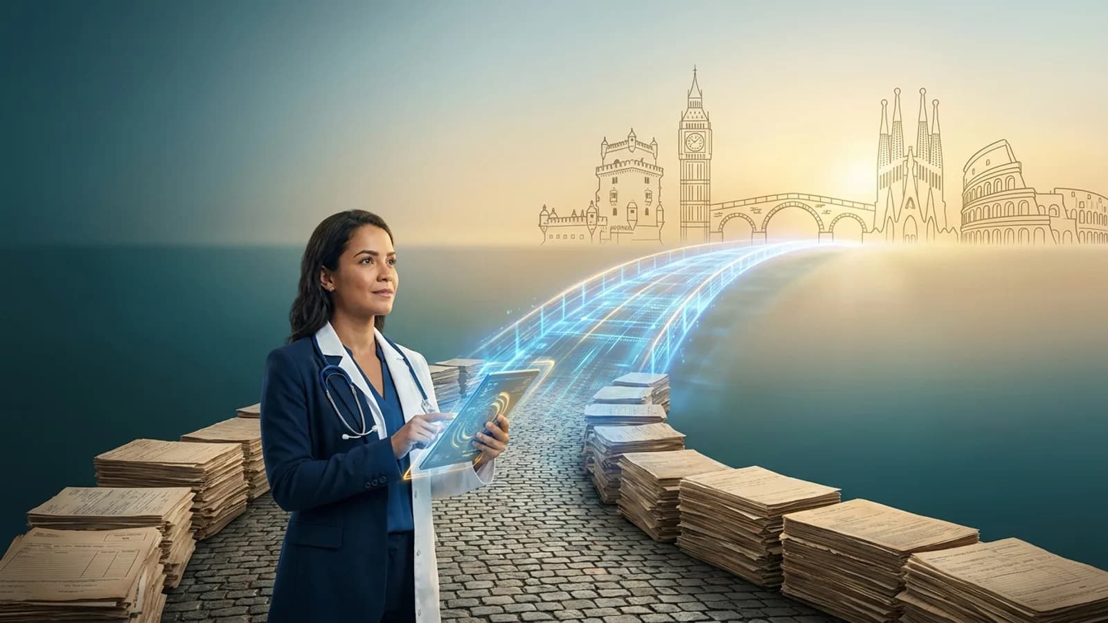 Médico brasileiro validando diploma no exterior, com destaque para Portugal, Reino Unido, Irlanda, Espanha e Itália e o uso de IA.