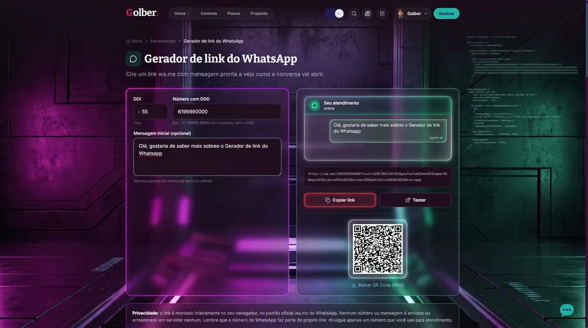 Interface de um gerador de link do WhatsApp com campos para número, mensagem e botão de gerar.