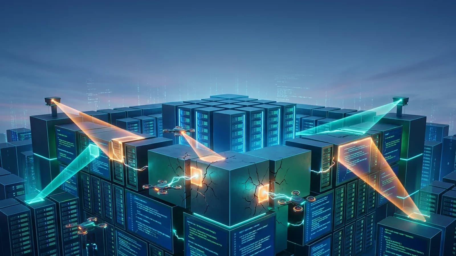 Escudo digital protegendo um bloco de código e dados, simbolizando a defesa contínua de sistemas e SaaS através de patches e monitoramento de segurança.