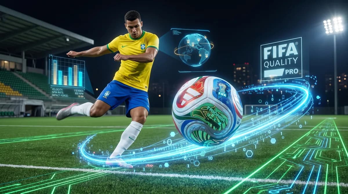 Uma bola de futebol de alta tecnologia, Trionda, flutuando sobre um campo de futebol, conectada por linhas digitais a elementos de IA, dados e tecnologia futuri