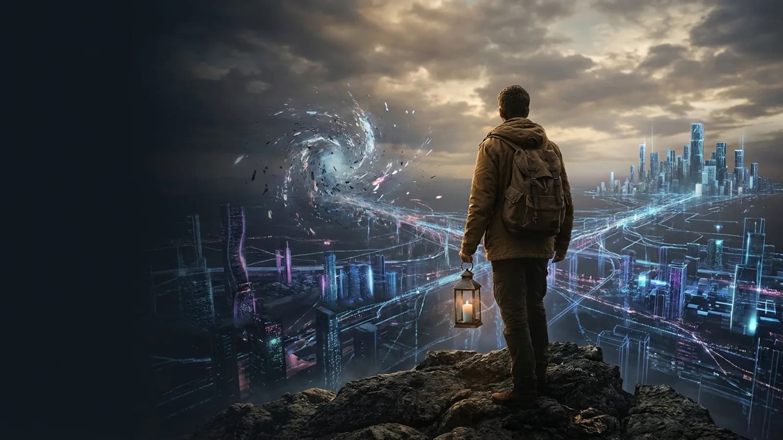 Representação abstrata de uma rede de inteligência artificial com elementos luminosos e sombrios, simbolizando o potencial e os riscos futuros da IA.