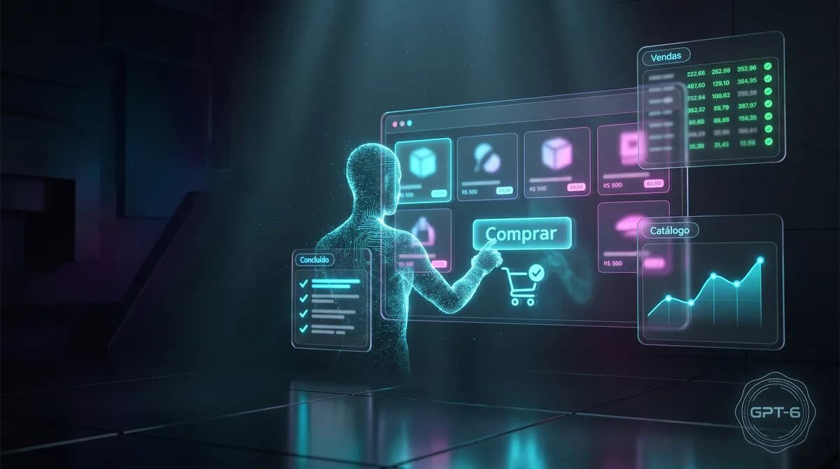 Interface digital futurista com elementos de IA e um carrinho de compras, ilustrando o GPT-6 Astra automatizando tarefas para e-commerce e venda online.