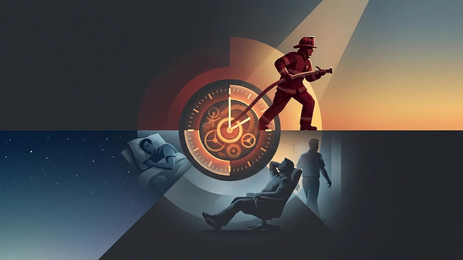 Representação visual de um ciclo de trabalho 24x72 com quatro turmas, mostrando 24 horas de serviço e 72 de folga em um calendário.