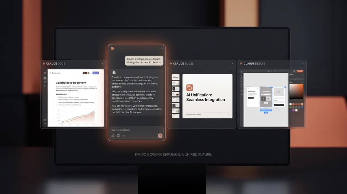 Ilustração de uma interface de software que integra chat de IA, documentos e apresentações, simbolizando a unificação do Claude Cowork com Claude Docs e Claude