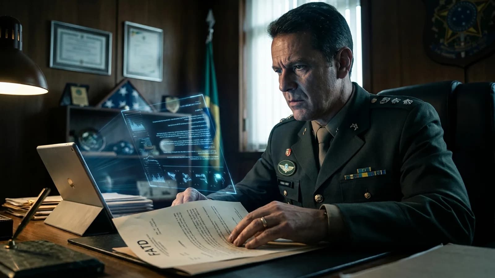 Militar interagindo com interface digital avançada, simbolizando a IA otimizando a apuração disciplinar no Exército Brasileiro.