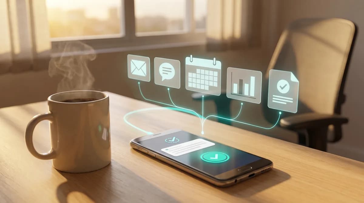 Smartphone com interface de IA mostrando ícones de aplicativos de produtividade como Gmail e Slack, simbolizando automação e organização de tarefas.