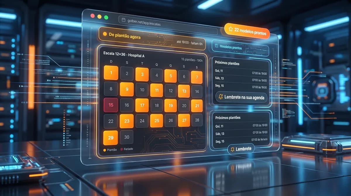 Visão digital de uma tela de computador exibindo um sistema de escala de trabalho online com calendários e gráficos, simbolizando organização e planejamento.