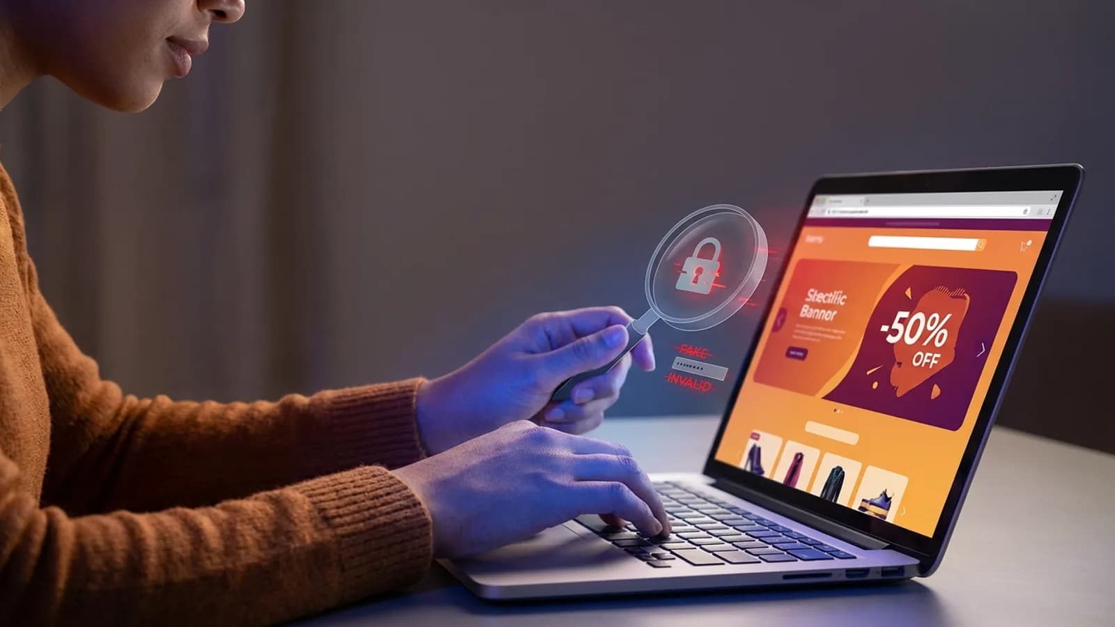Pessoa analisando a segurança de um site de compras online em tablet, com ícones de verificação e alerta, no contexto da Black Friday.