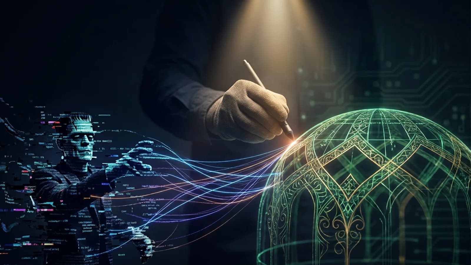 Um programador com óculos e um capuz digital, cercado por linhas de código e uma representação abstrata de IA, simbolizando a interação humana com a inteligênci