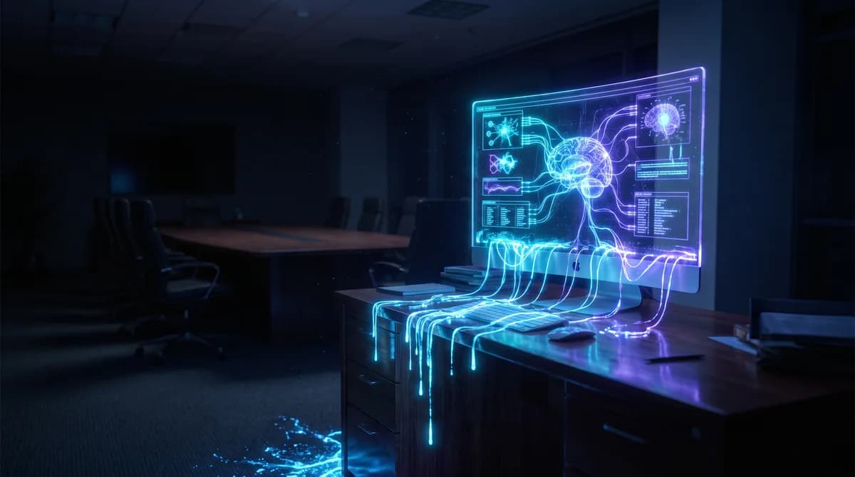 Representação de dados corporativos vazando invisivelmente através de ferramentas de IA usadas por funcionários sem controle da empresa, com ícones de nuvem e c