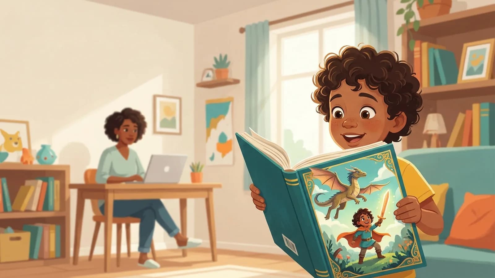 Criança sorridente usando óculos de realidade virtual, interagindo com elementos de inteligência artificial em um cenário lúdico e colorido.
