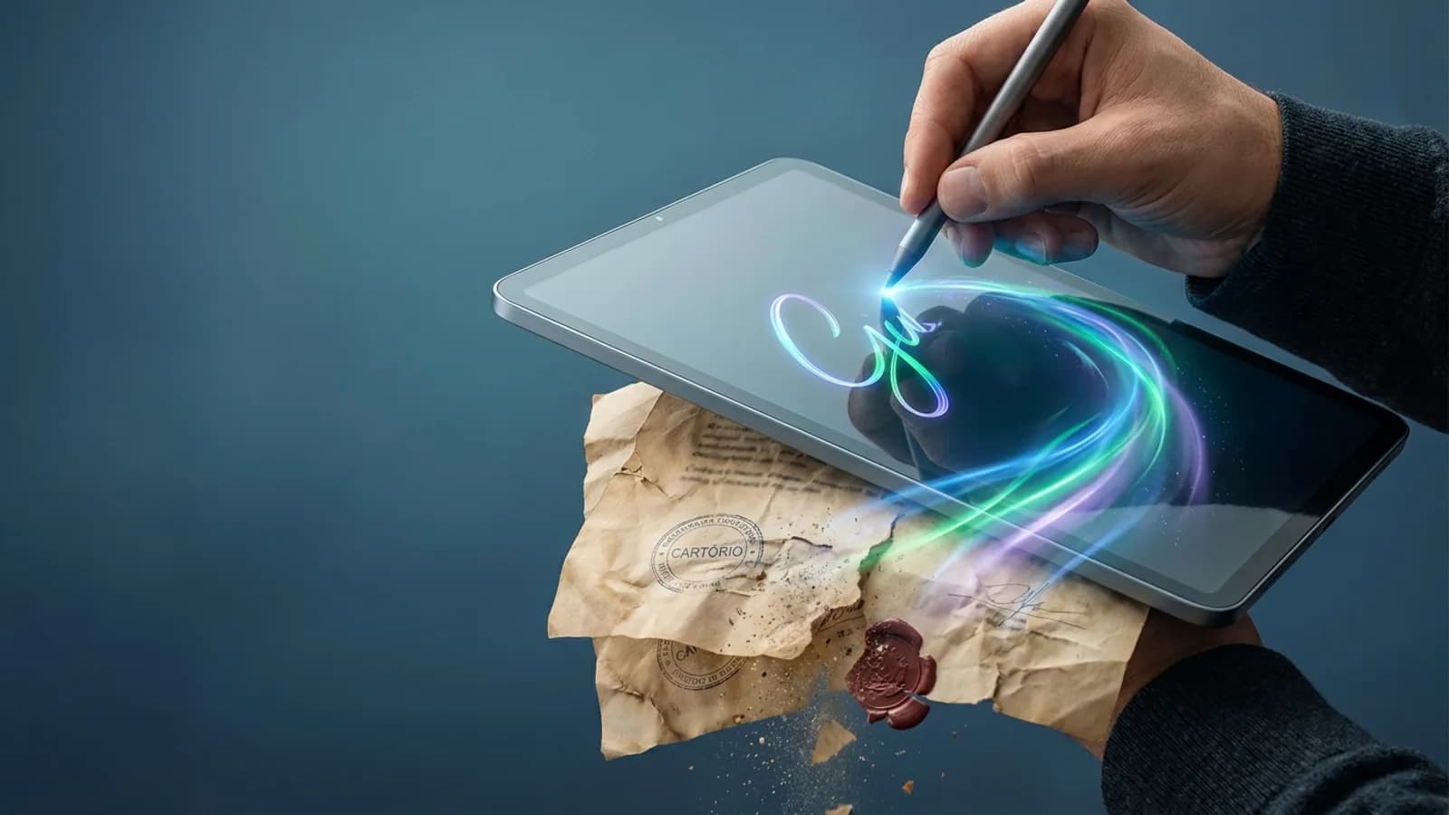 Pessoa utilizando assinatura digital em um tablet, substituindo papéis e carimbos de cartório, simbolizando agilidade e segurança jurídica.