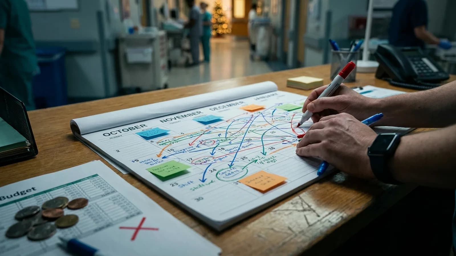 Calendário exibindo os meses de outubro, novembro e dezembro com feriados destacados, sobreposto por uma tabela de escala de trabalho.