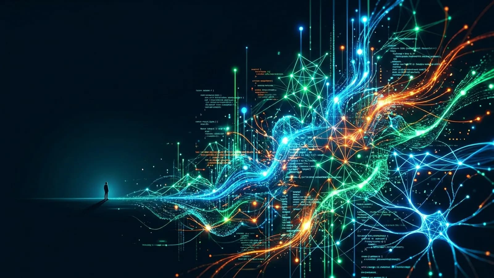 Representação de uma IA em rápido auto-aperfeiçoamento, com neurônios e linhas de código em um ciclo acelerado de evolução tecnológica.