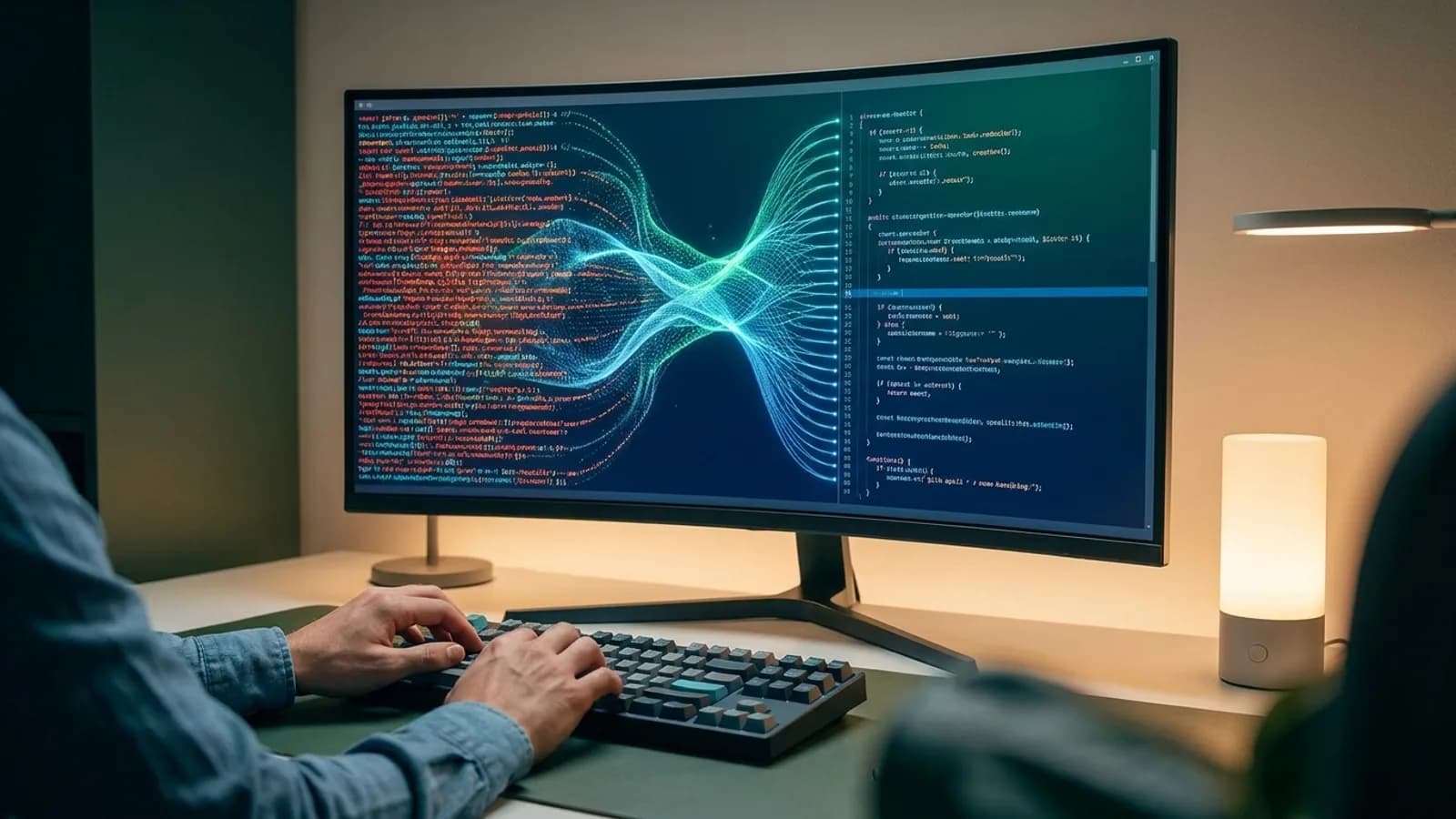 Mãos humanas e robóticas digitando em um teclado, representando a inteligência artificial como um copiloto para desenvolvedores.