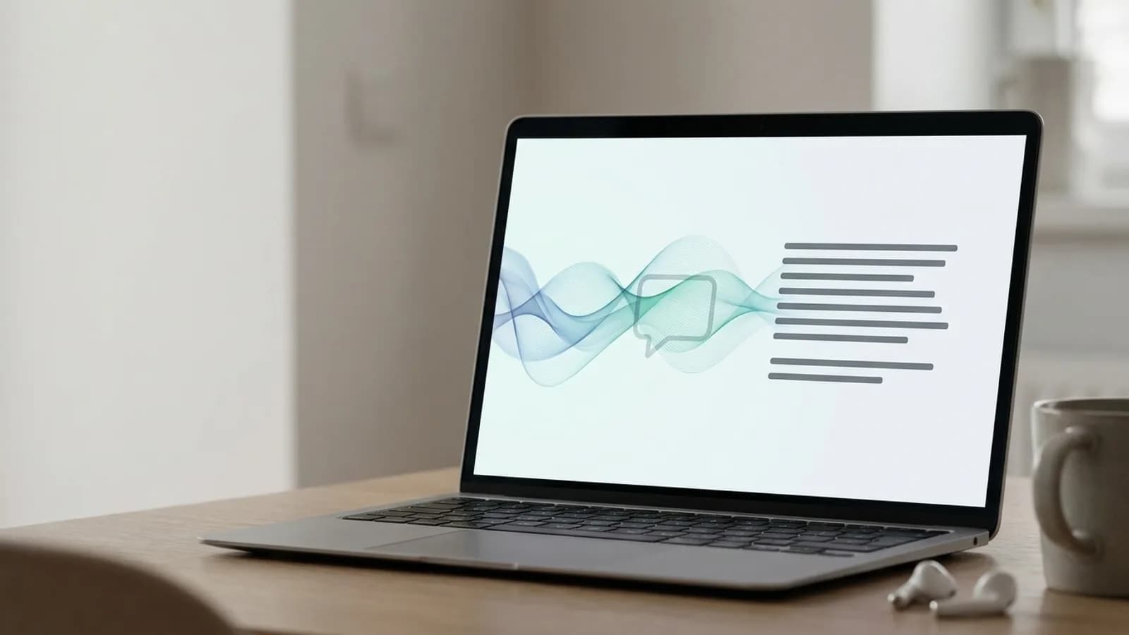 Ícone de microfone e ondas sonoras se transformando em texto digital em uma tela de computador, simbolizando transcrição de áudio local e gratuita.