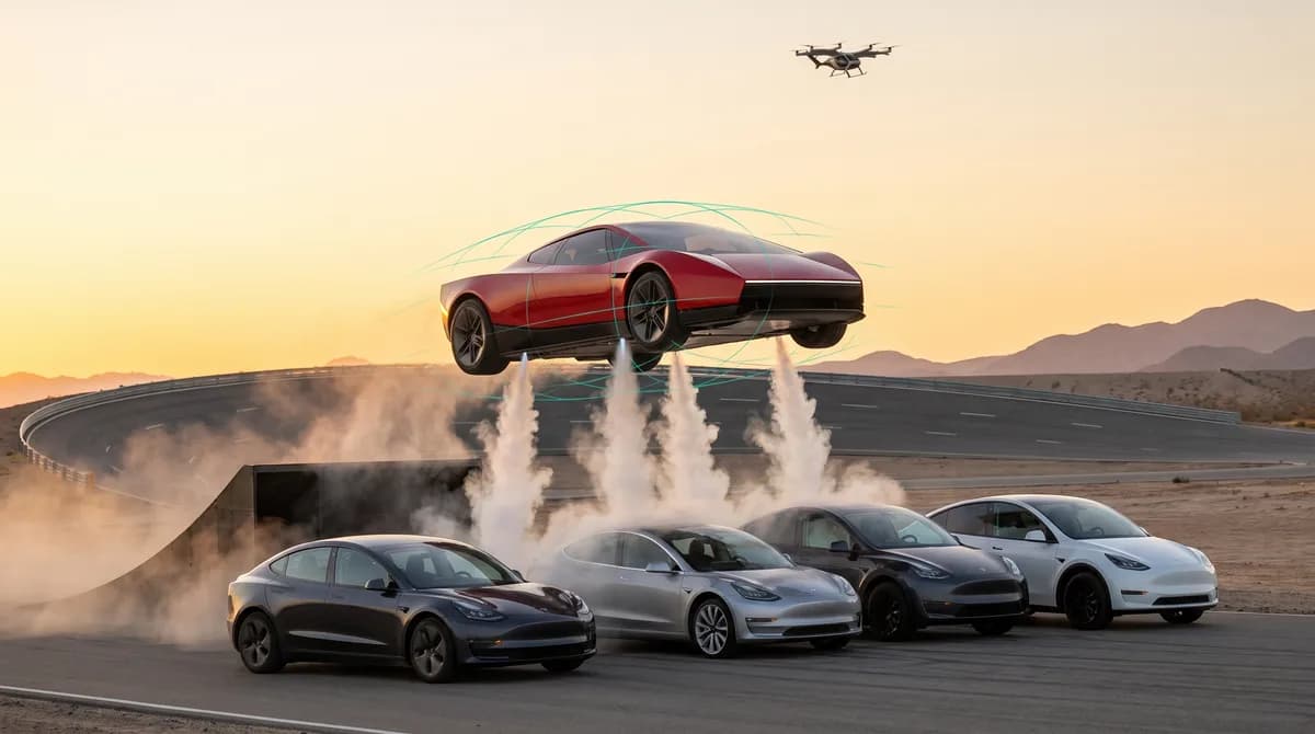 Tesla Roadster esportivo saltando sobre uma fila de carros da Tesla com propulsores de ar comprimido ativados.