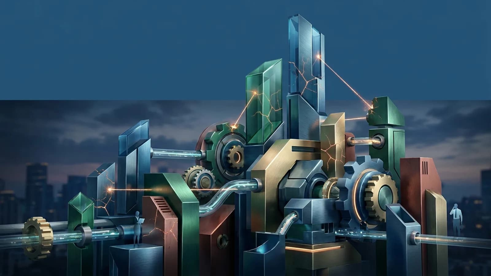 Cérebro digital abstrato com circuitos complexos e pontos de luz interconectados, representando a inovação e o ecossistema de inteligência artificial em constan
