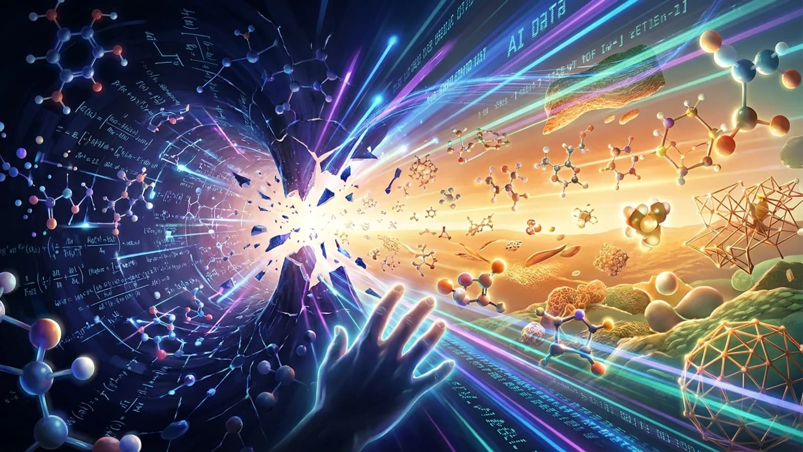 Representação visual de uma mente humana com elementos de inteligência artificial em um laboratório, simbolizando a aceleração da descoberta científica.