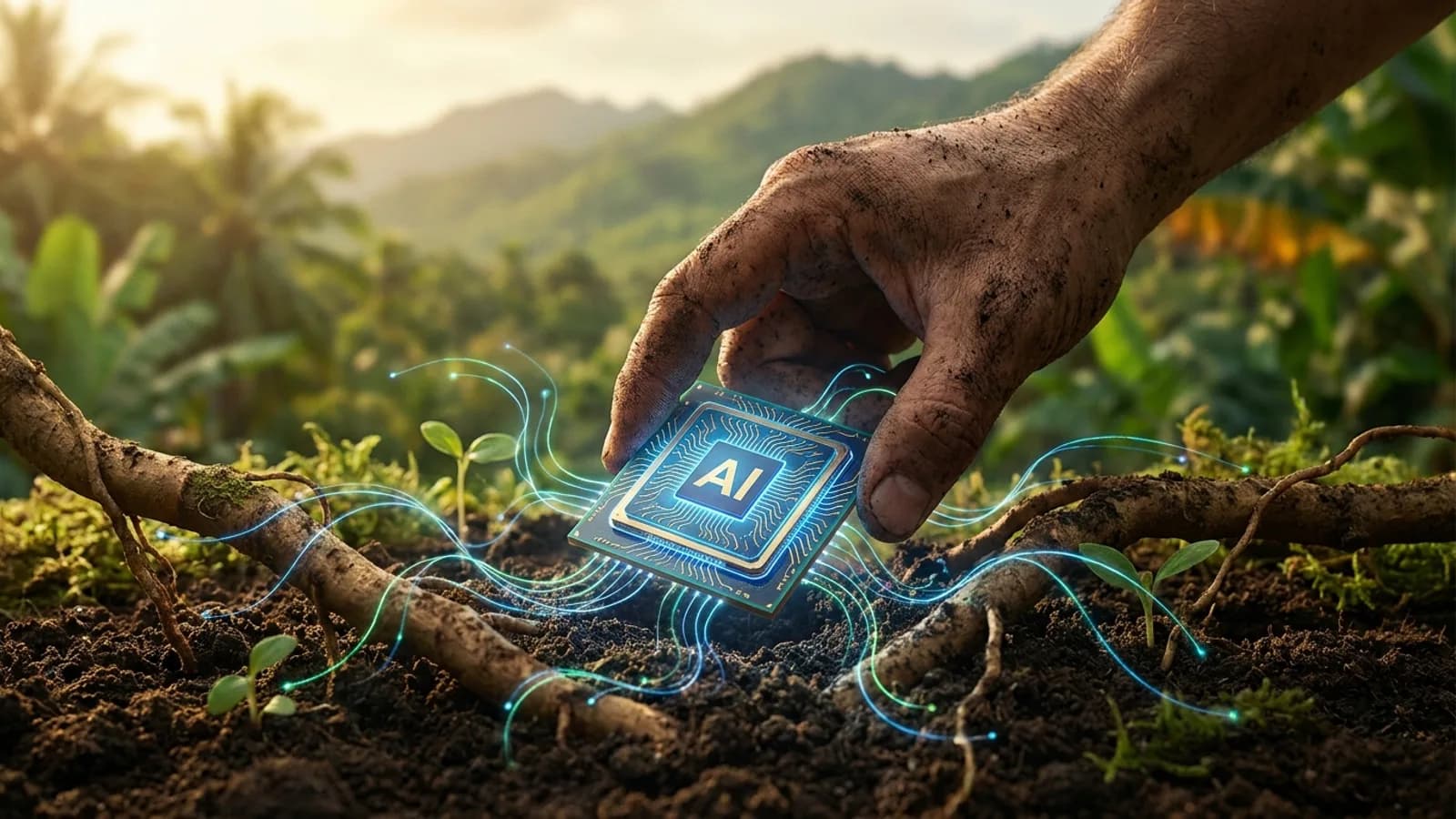 Gráfico futurista com barras de crescimento e indicadores de investimento em tecnologia, destacando inteligência artificial e o Brasil.