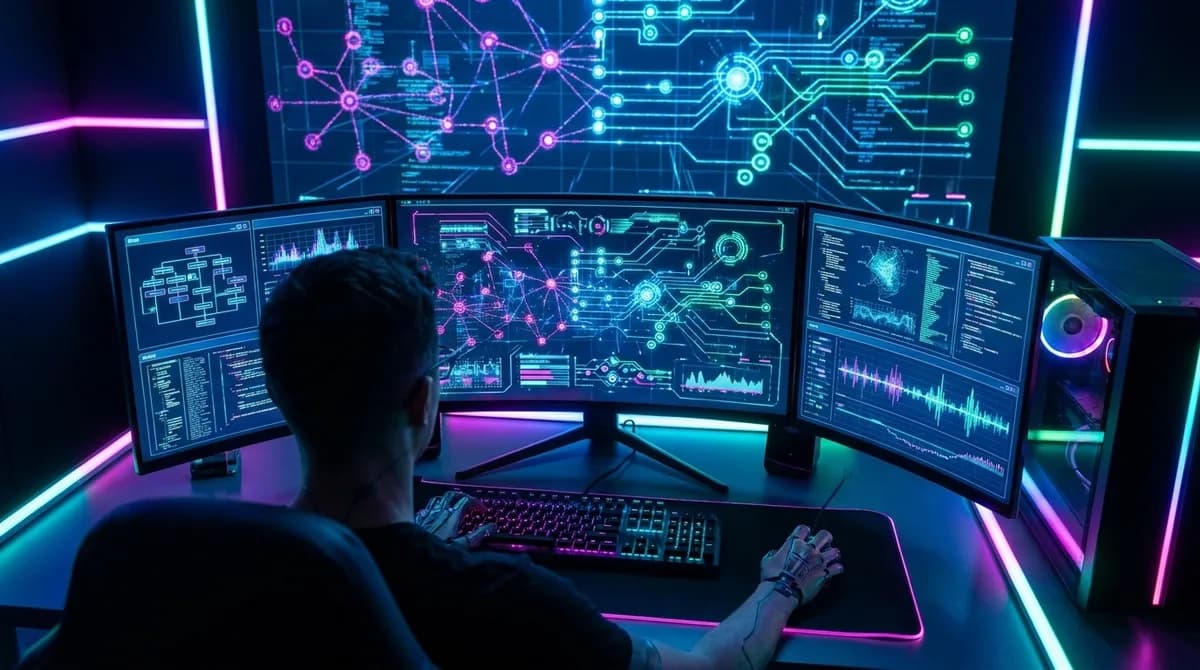 Interface de terminal com linhas de código e um ícone abstrato de inteligência artificial, representando o Claude Code em ação.