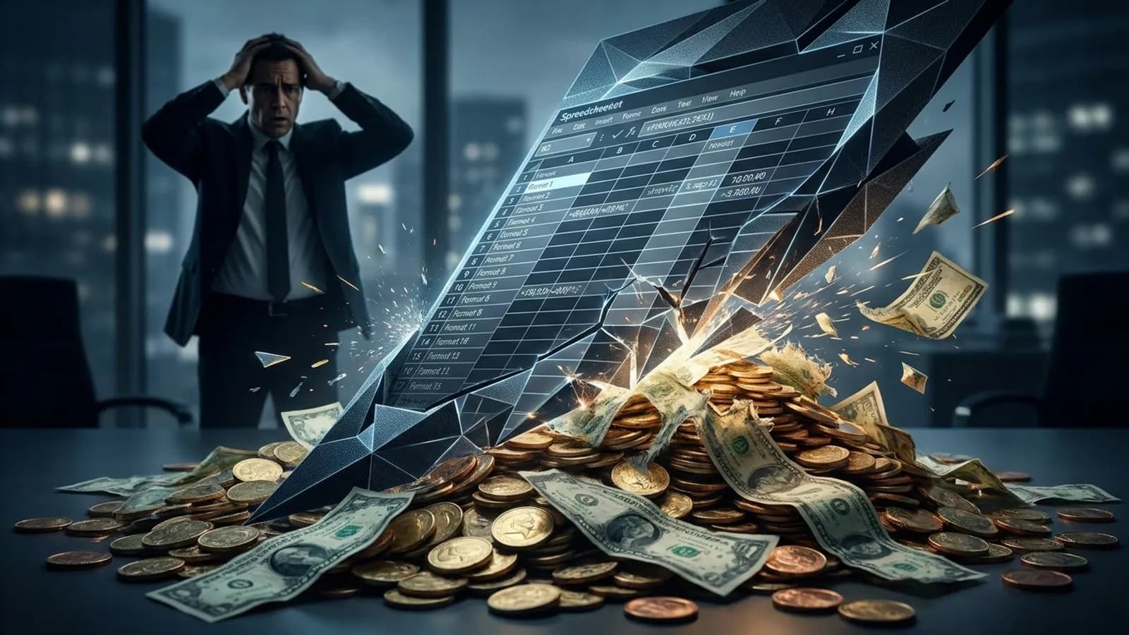 Pessoa olhando com preocupação uma planilha de custos cheia de números, com gráficos de lucro em queda, simbolizando a sabotagem de vendas B2B.