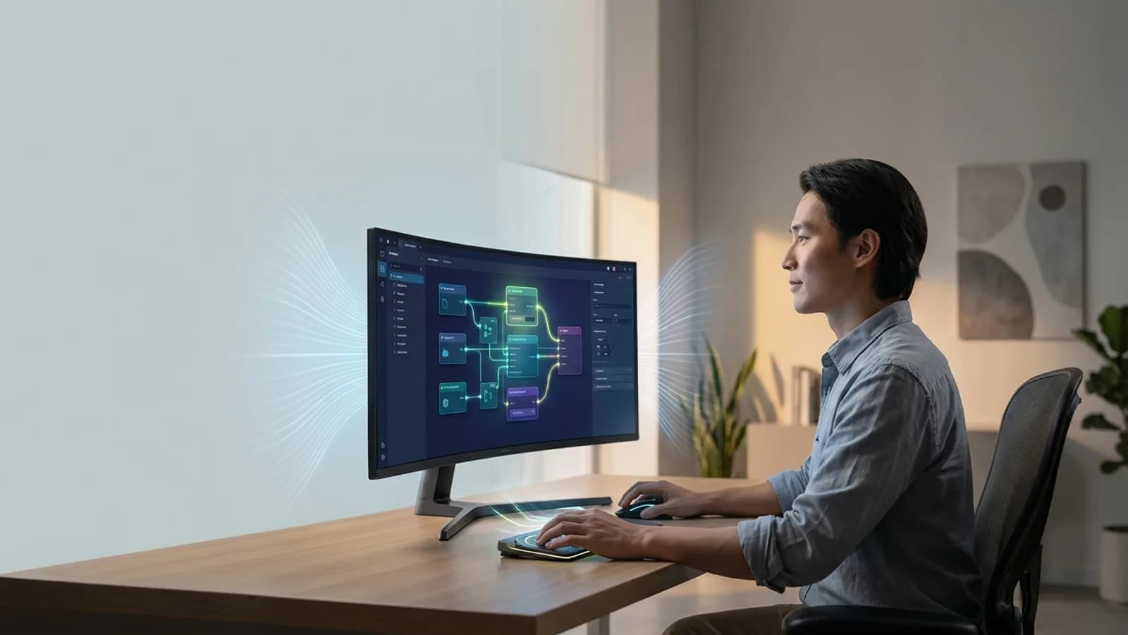 Desenvolvedor solo usando uma interface de programação visual, com ícones de automação, IA e blocos low-code, simbolizando eficiência.