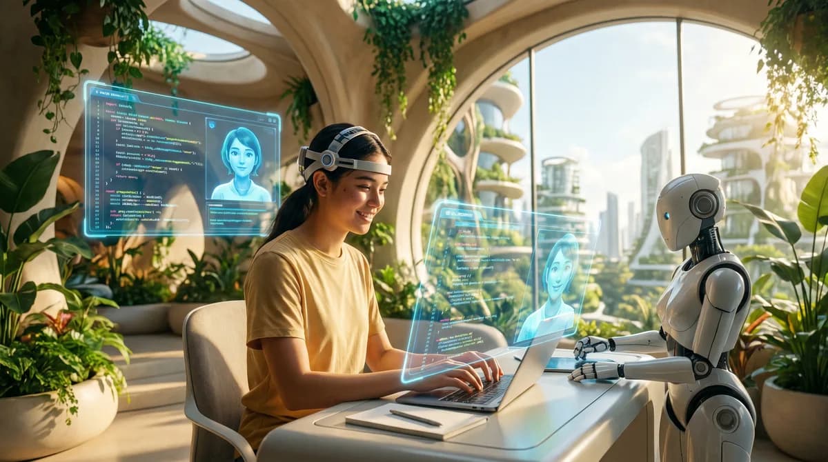 Desenvolvedor examinando linhas de código em tela, com elementos de inteligência artificial simbolizando a mudança na programação.