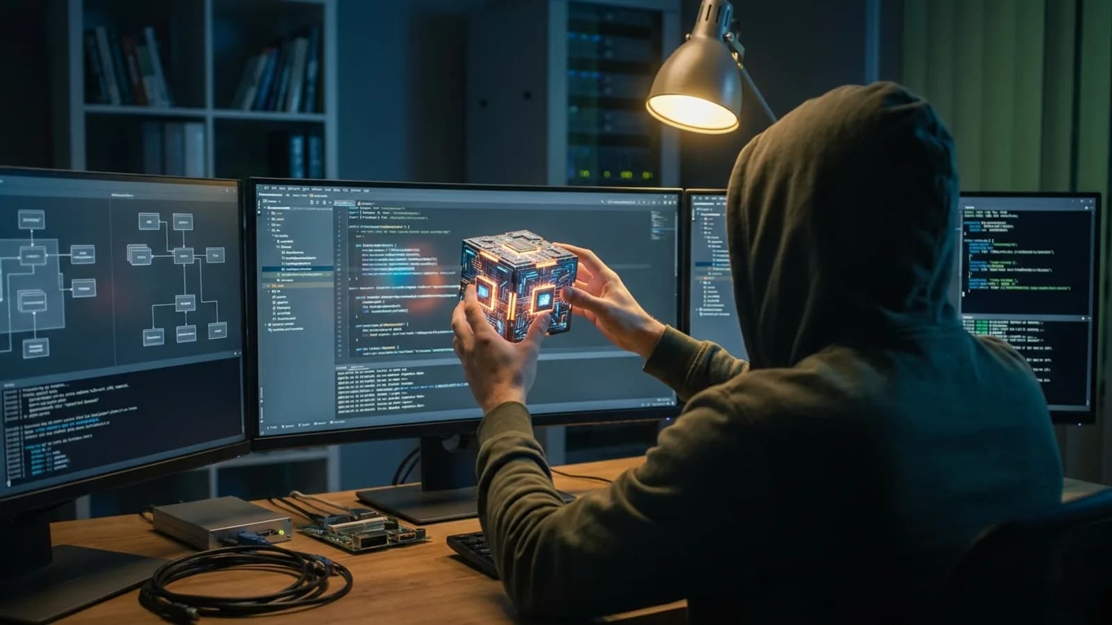 Um desenvolvedor focado programando em seu laptop, com elementos visuais de inteligência artificial (APIs, código) surgindo da tela, simbolizando a integração p