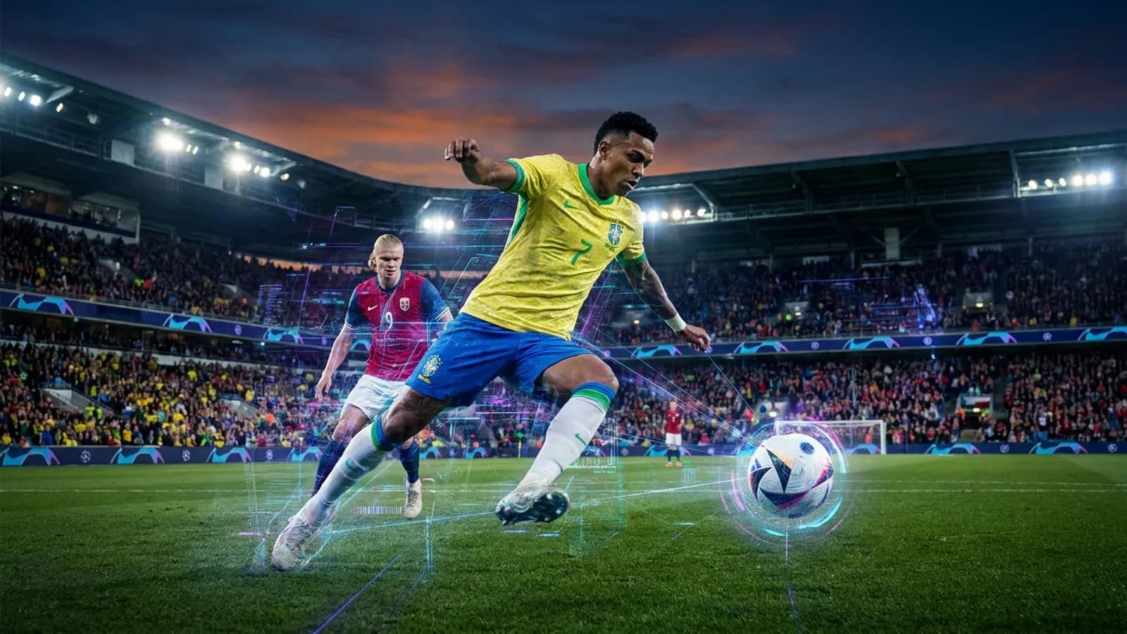 Jogadores do Brasil e da Noruega disputam a bola em campo de futebol, com elementos gráficos digitais que simbolizam a tecnologia de arbitragem na Copa 2026.