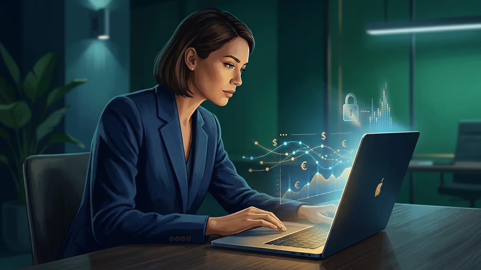 Um pequeno empresário brasileiro, com traços otimistas, interage com um assistente de IA, simbolizado por um ícone de chatbot ou robô, em uma tela de computador