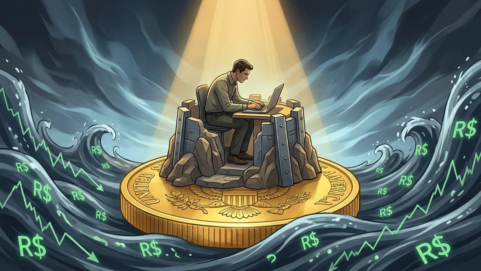 Cédulas de dólar flutuando sobre uma interface digital de banco ou finanças, simbolizando gestão e estabilidade financeira.