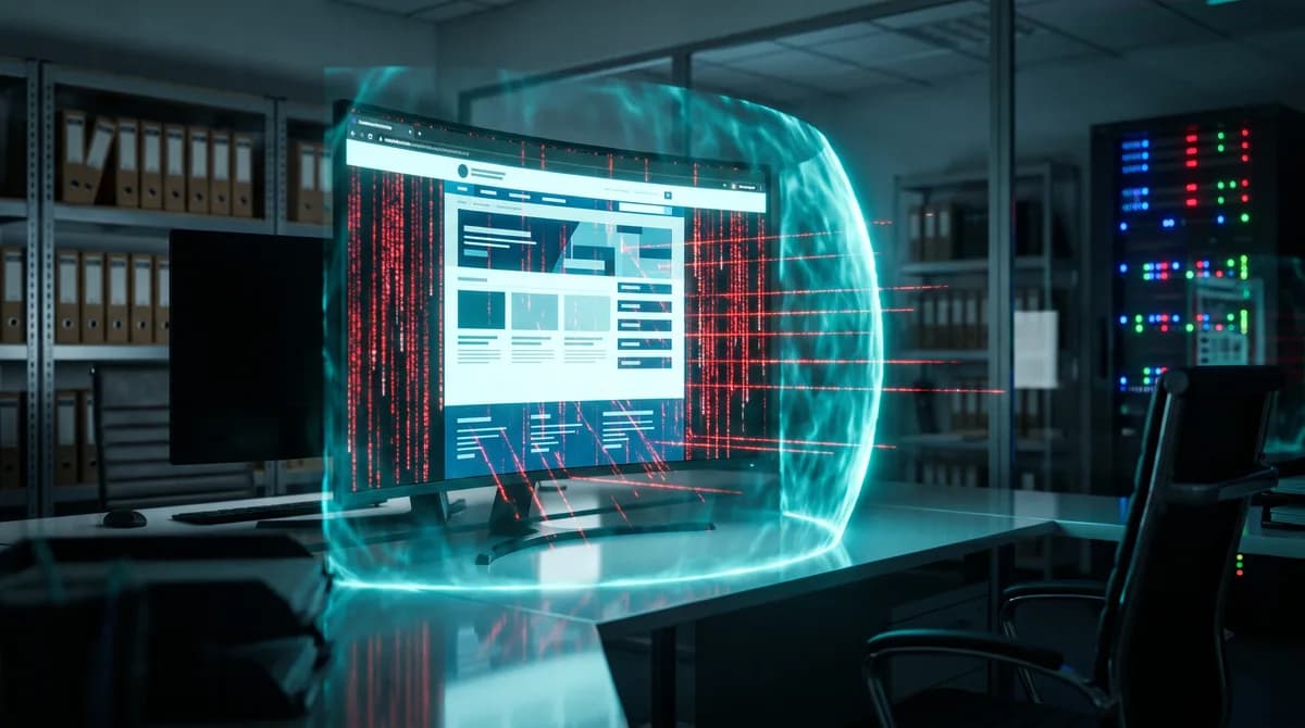 Imagem conceitual com elementos de inteligência artificial sobrepostos a um edifício governamental, simbolizando a modernização e desburocratização do setor púb