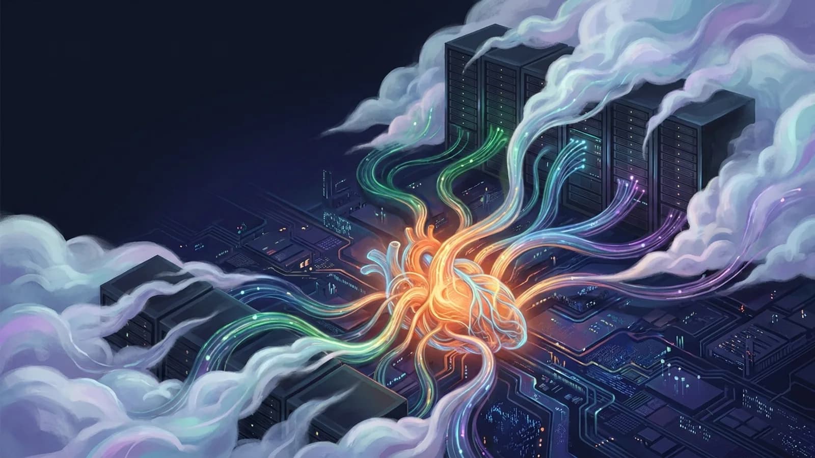 Cérebro digital futurista com circuitos e ícones de bancos de dados (SQL, MongoDB, Oracle), simbolizando a IA no centro da infraestrutura de dados para 2025-202