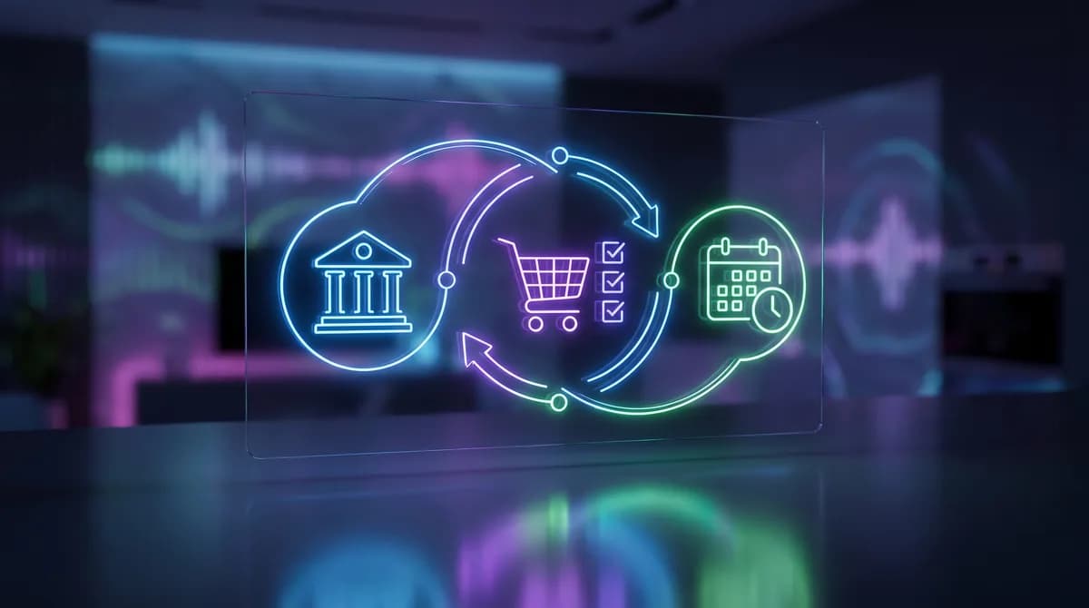 Tela de smartphone exibindo um aplicativo de gestão integrada com seções para finanças, lista de compras e escala de trabalho.