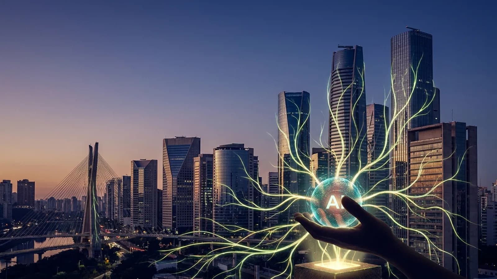 Logo da OpenAI sobreposto a um mapa estilizado do Brasil com elementos digitais e de negócios, simbolizando a expansão da empresa no mercado brasileiro.