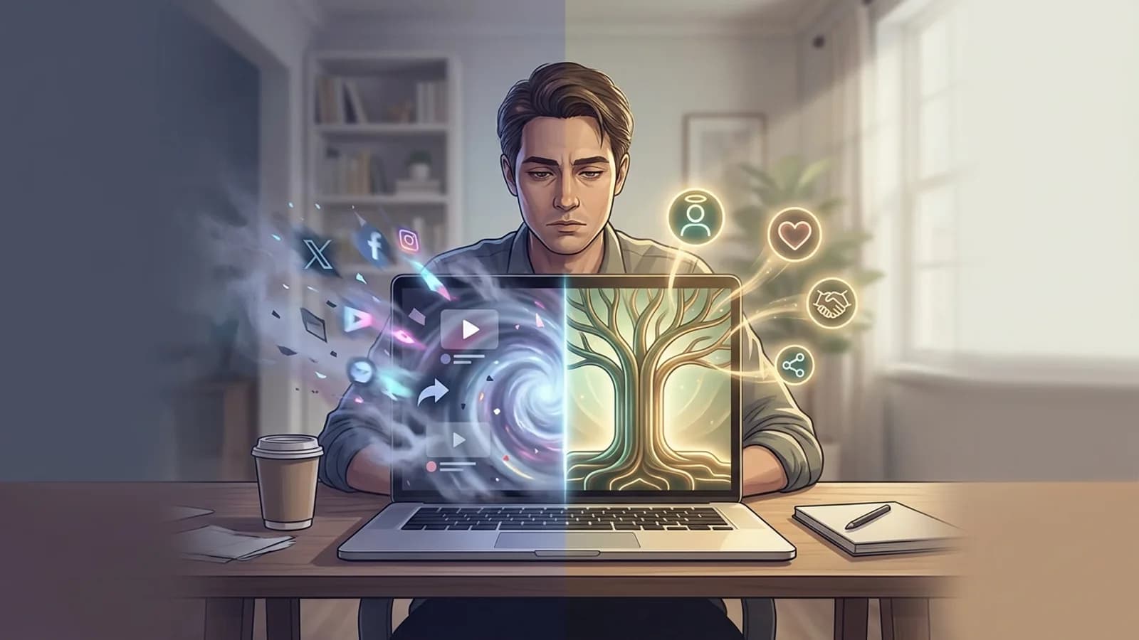 Pessoa concentrada em um notebook, simbolizando o planejamento de marketing solo focado e eficiente, em um ambiente calmo.