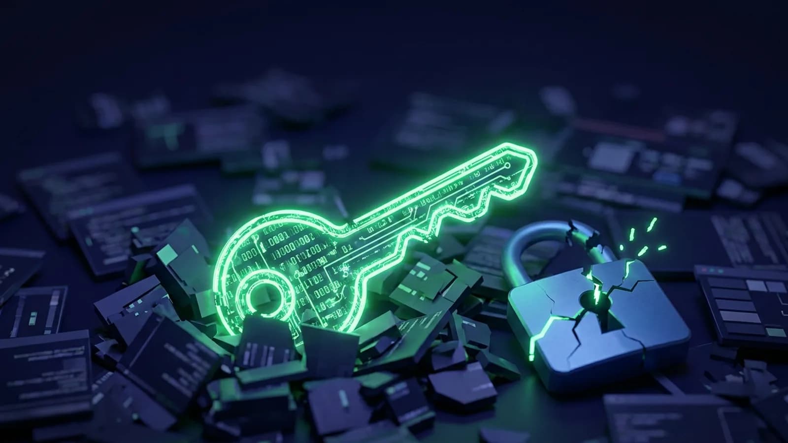 Ícones de chaves digitais e cadeados com código binário vazando de um repositório GitHub, representando credenciais expostas e vulneráveis.