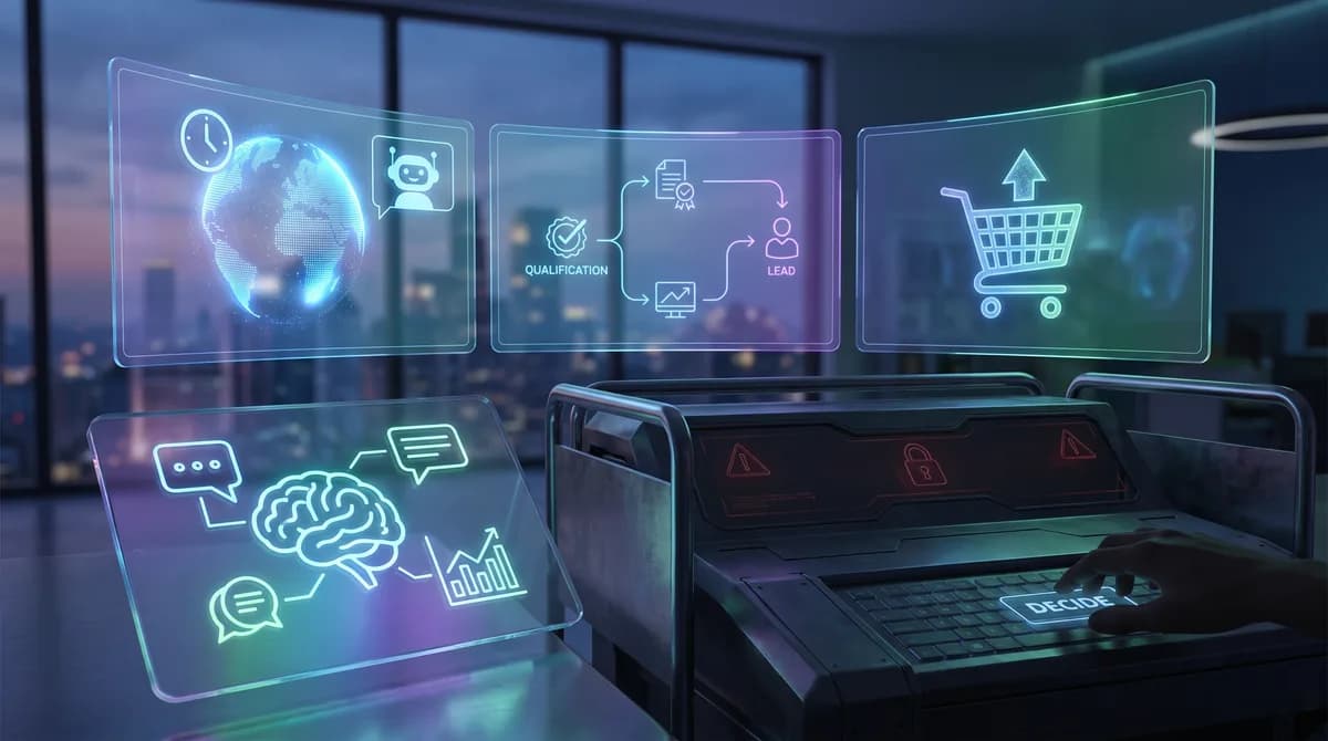 Painel de controle futurista com telas holográficas exibindo ícones de um assistente de Inteligência Artificial, um fluxograma de qualificação de leads e um carrinho de compras de e-commerce.