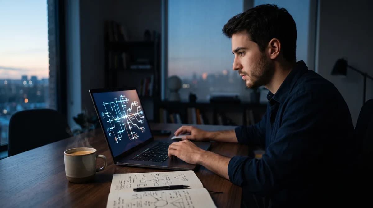 Roadmap digital com ícones de landing page, estratégia, tecnologia e seta apontando para renda extra, simbolizando um guia para iniciantes.