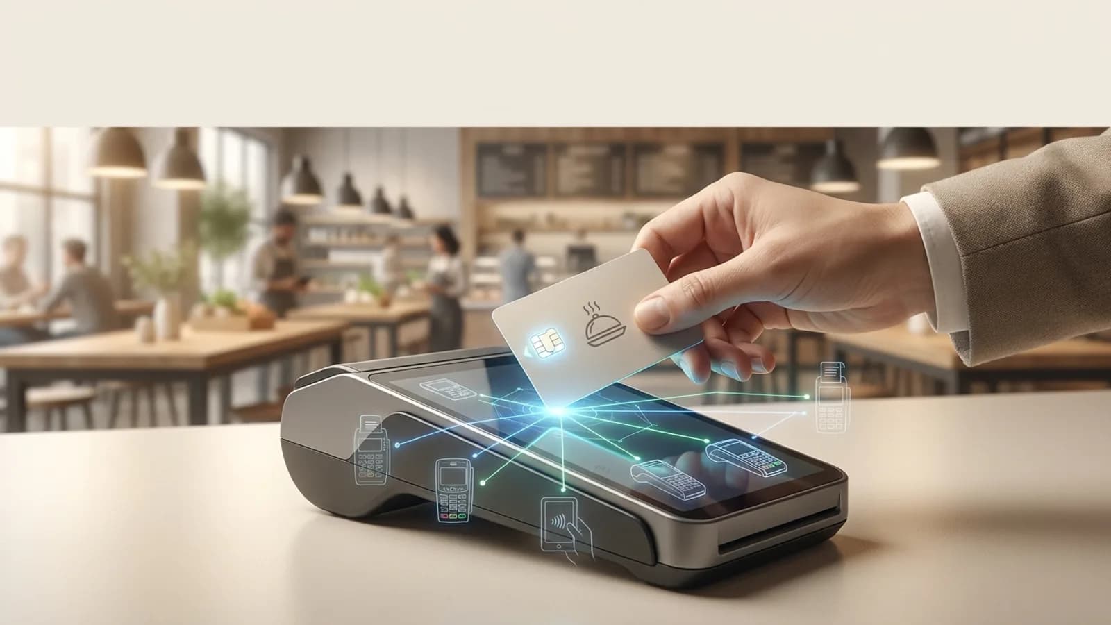 Cartões de vale-refeição e alimentação de diferentes bandeiras sobre uma maquininha de cartão, simbolizando a interoperabilidade.