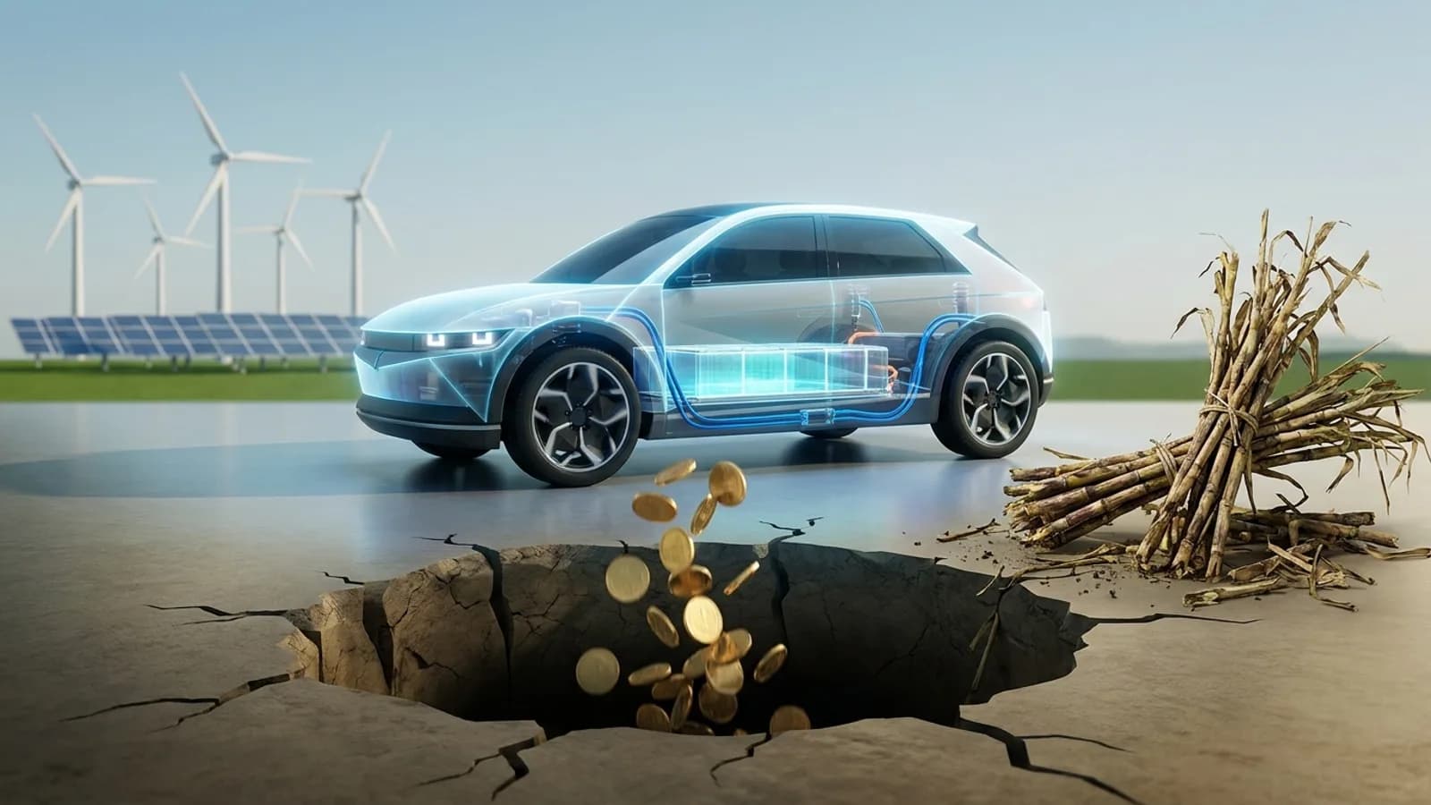 Carros elétricos em cenário brasileiro, com ícones de rede elétrica, cifrões e cana-de-açúcar, ilustrando os impactos na energia, impostos e etanol.