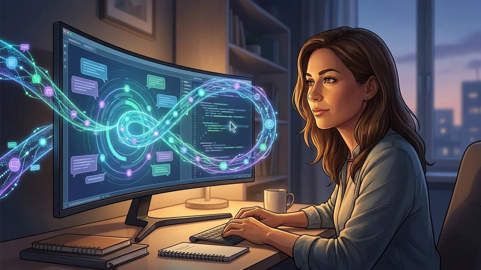 Representação abstrata da inteligência artificial com fluxos de dados, circuitos e luz, simbolizando inovação e velocidade.