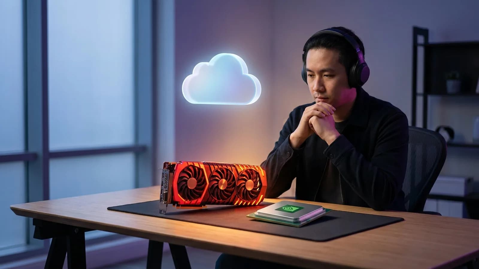 Mãos de um desenvolvedor solo trabalhando em um laptop com diagramas de hardware (GPU, NPU, Cloud) e ícones de produtividade e custo ao redor.